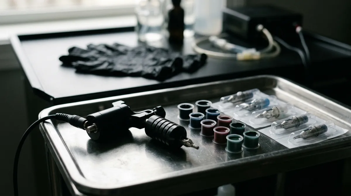Gros plan sur une machine à tatouer et des encres